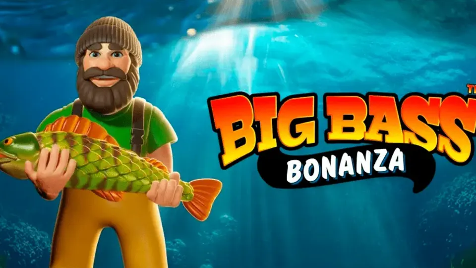 Big Bass Bonanza slot title artwork with an angler holding a fish