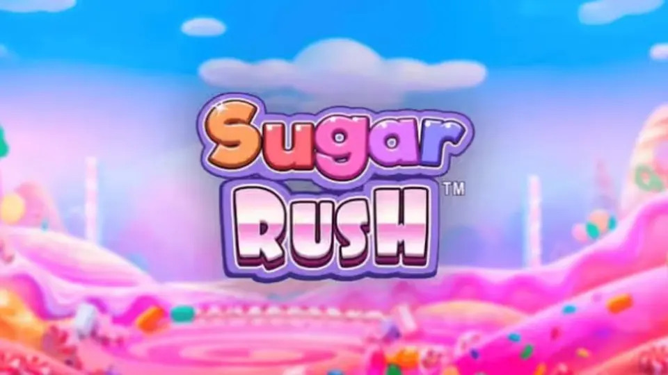 Sugar Rush slot title artwork over a colourful sweets landscape