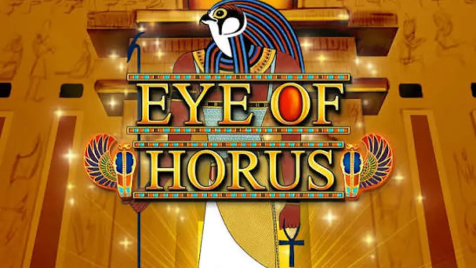 Eye of Horus slot title artwork with Egyptian temple imagery