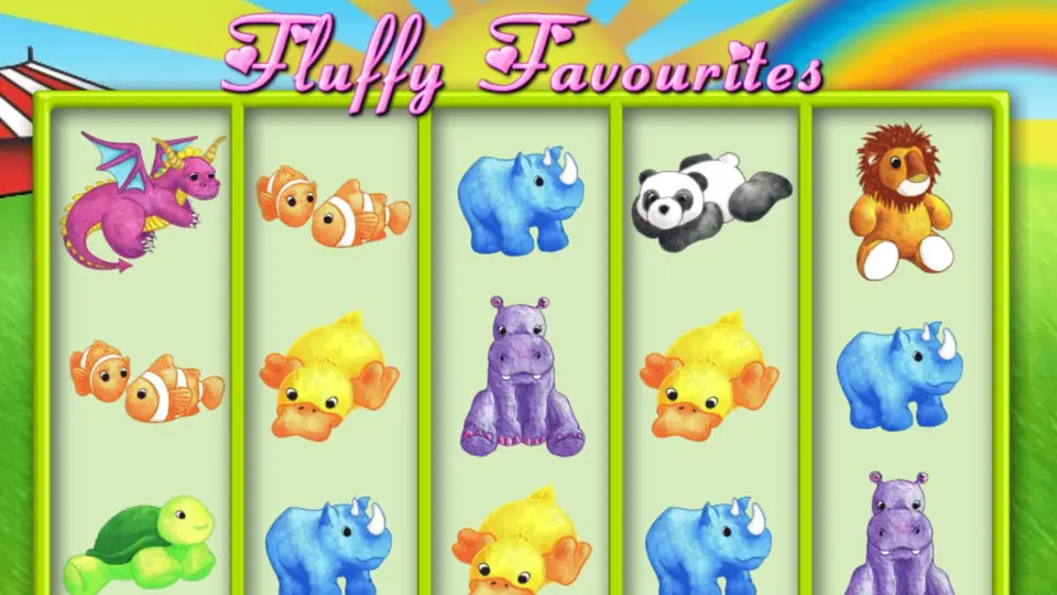 Fluffy Favourites slot artwork showing the title and cuddly toy animal symbols on the reels