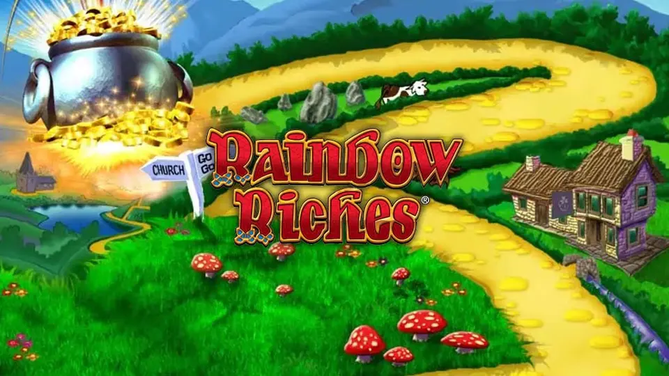 Rainbow Riches slot title artwork with a pot of gold and a winding yellow road