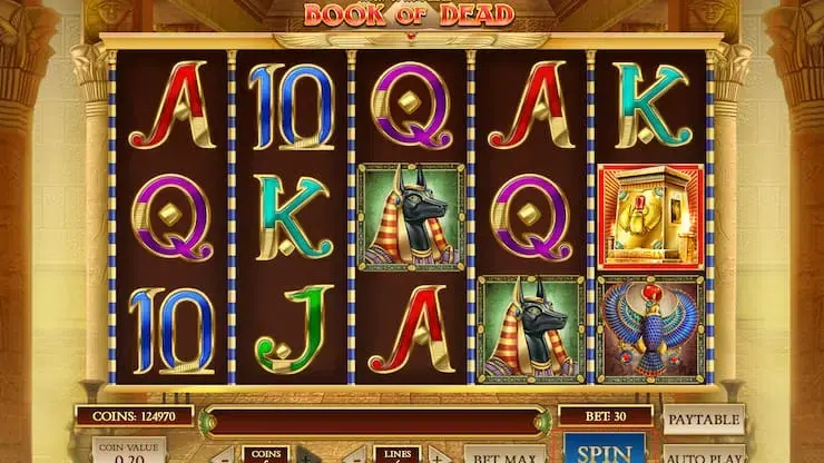 Book of Dead slot reels with Egyptian-themed symbols
