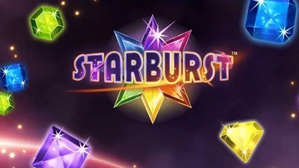 Starburst slot title artwork surrounded by colourful gem symbols