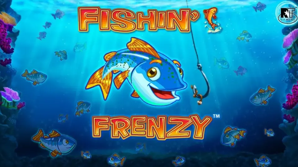 Fishin' Frenzy slot title artwork with a cartoon fish underwater